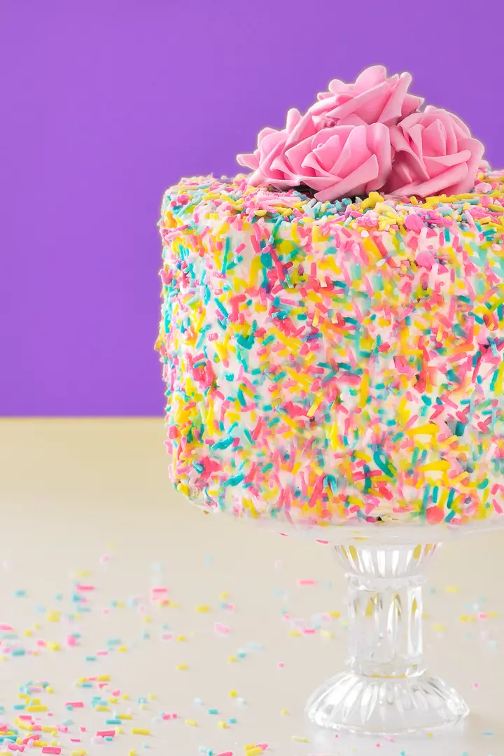 Homemade low carb birthday cake with sprinkles and pink flowers on top against a bright purple background. 