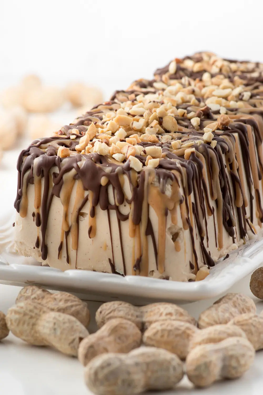 ice cream cake on a plate drizzled with peanut butter and chocolate topped with chopped peanuts