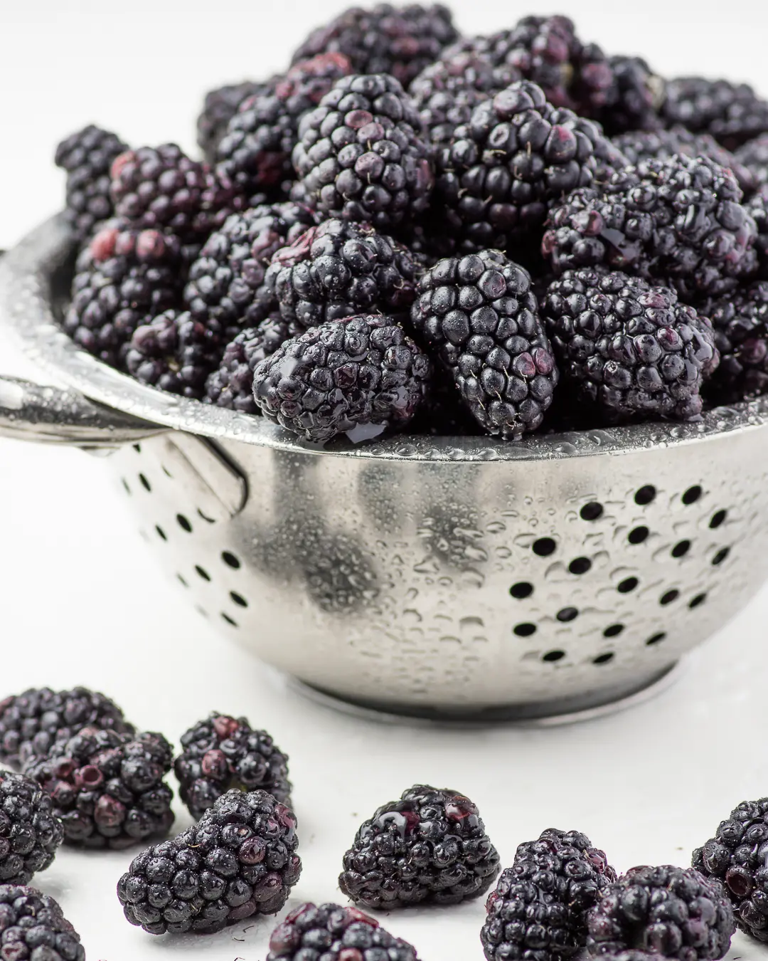 Silver metal colander filled with fresh blackberries on a white background