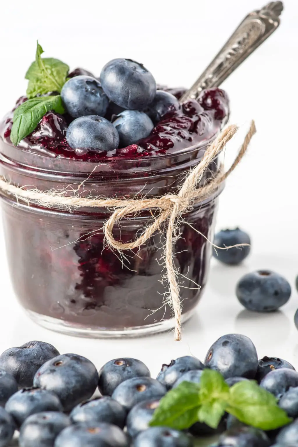 Small jar of sugar-free blueberry jam with a piece of twine wrapped around the top tied into a bow.