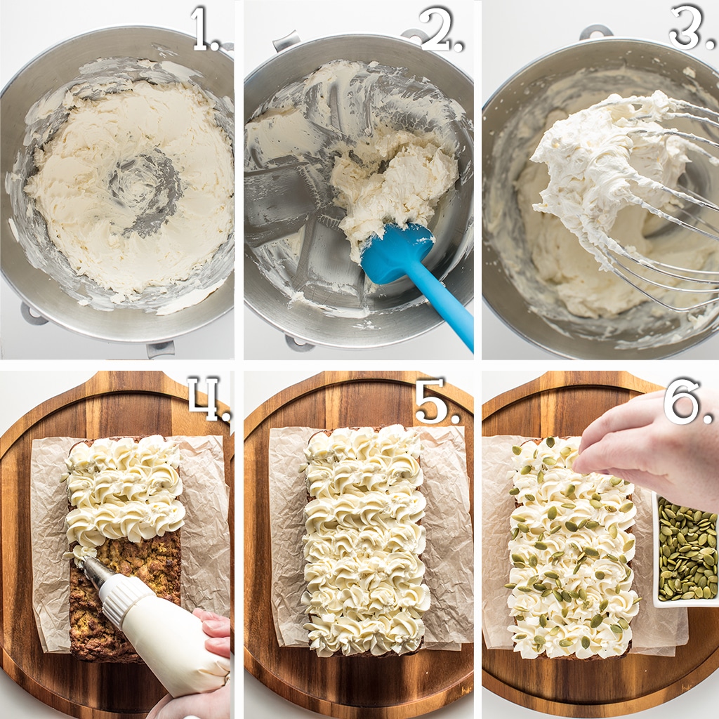 6 panels showing mixing frosting and decorating the keto pumpkin bread.