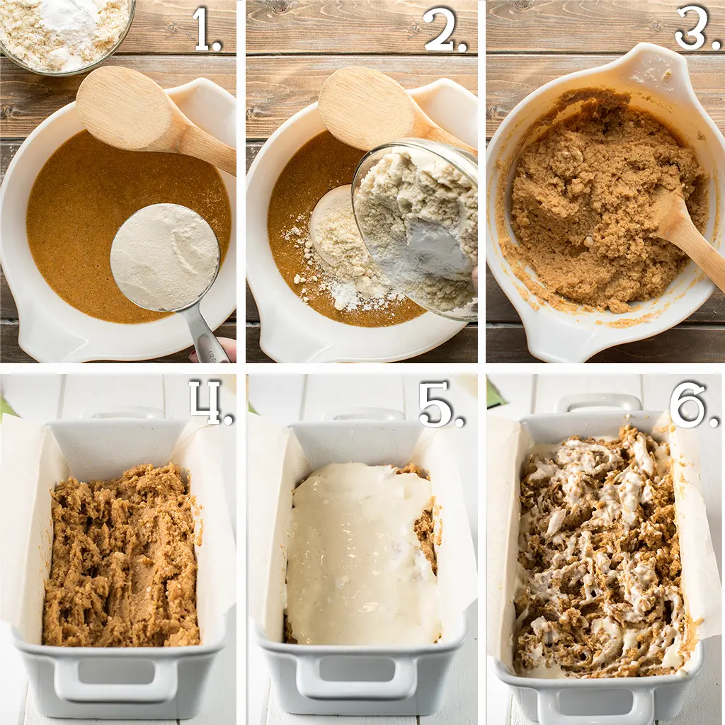 6 panels showing mixing ingredients and scooping into a loaf pan.
