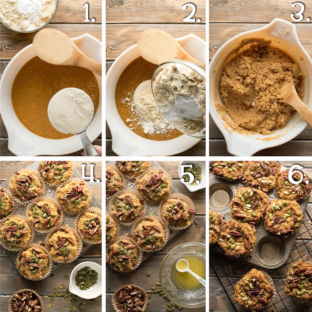 6 panels showing the process of mixing the batter, preparing the muffins for baking, and a finished shot of the baked muffins.
