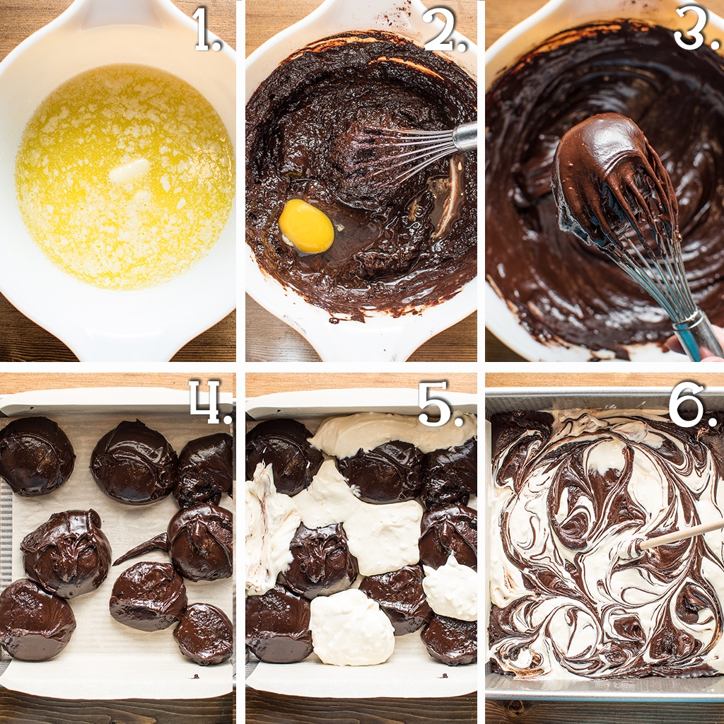 A series of photographs demonstrating the steps to mix and blend the cheesecake and brownie batters. 