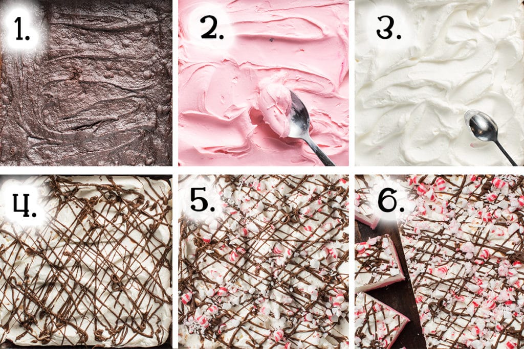 A 6 panel image showing assembling, decorating, and serving these low carb peppermint ice cream bars.