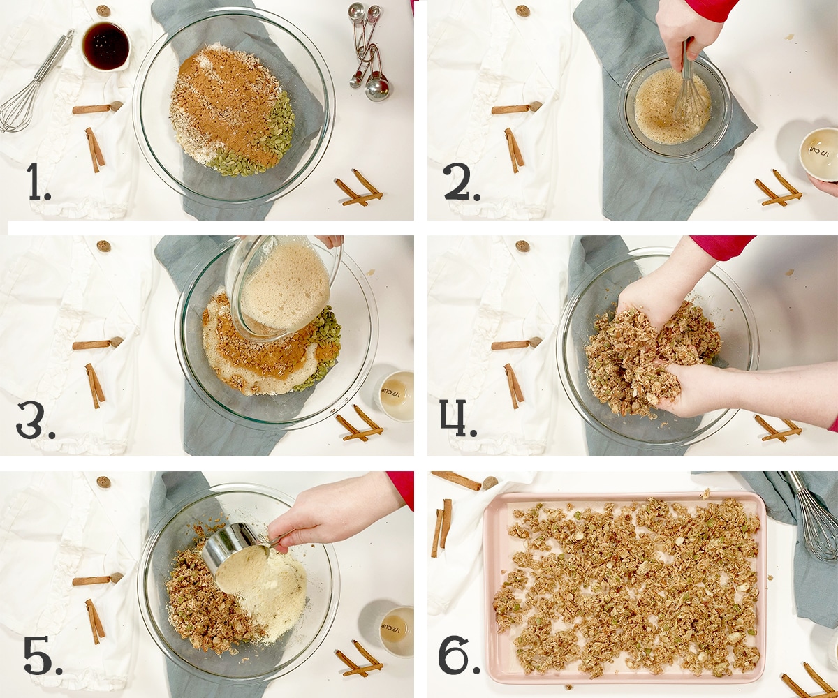 6 panels, in process pictures of how to make low carb granola