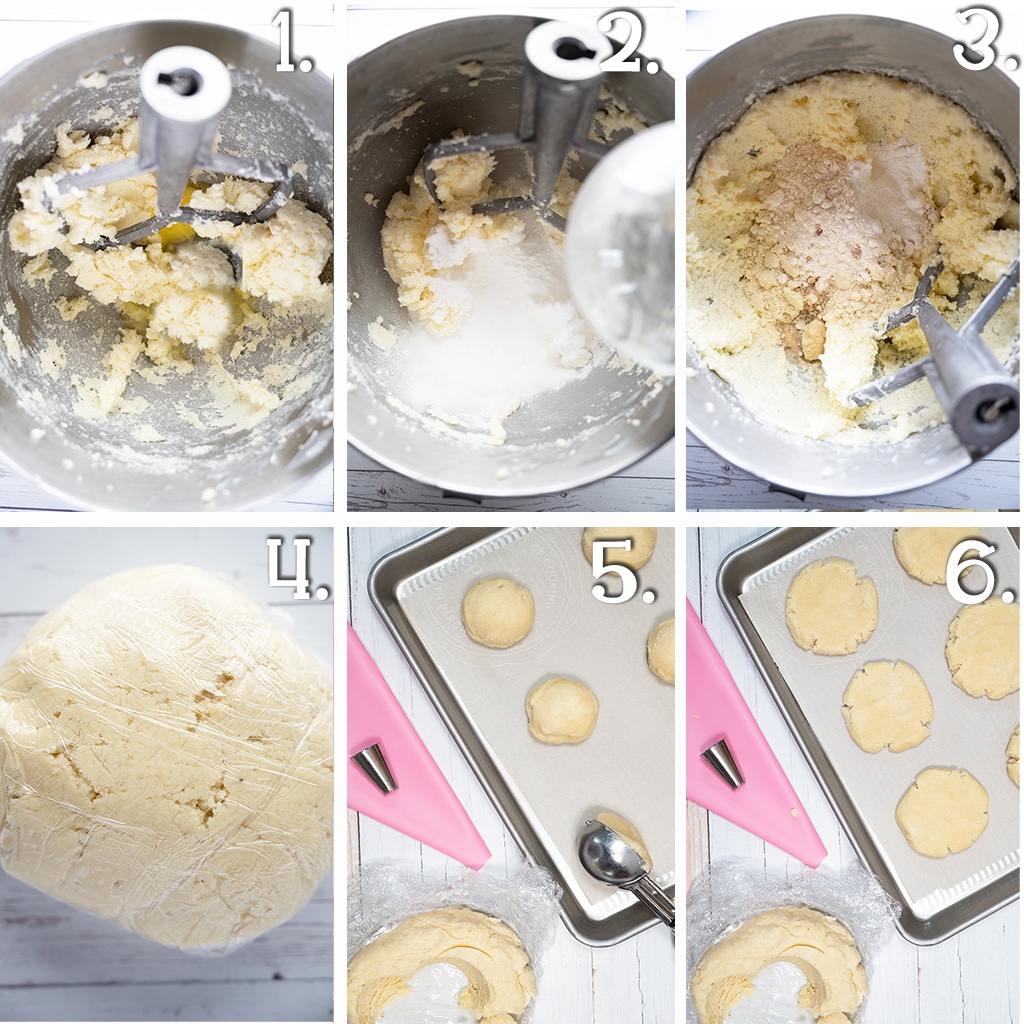 6 images showing the batter being mixed, wrapped in plastic wrap to cool, and scooped onto a baking tray.