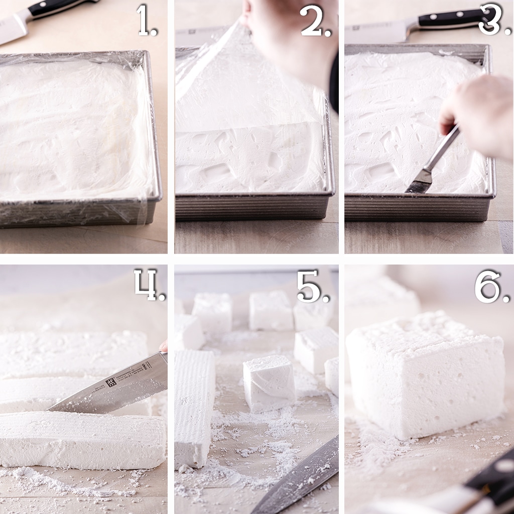 Step by step process for making and cutting homemade sugar-free marshmallows