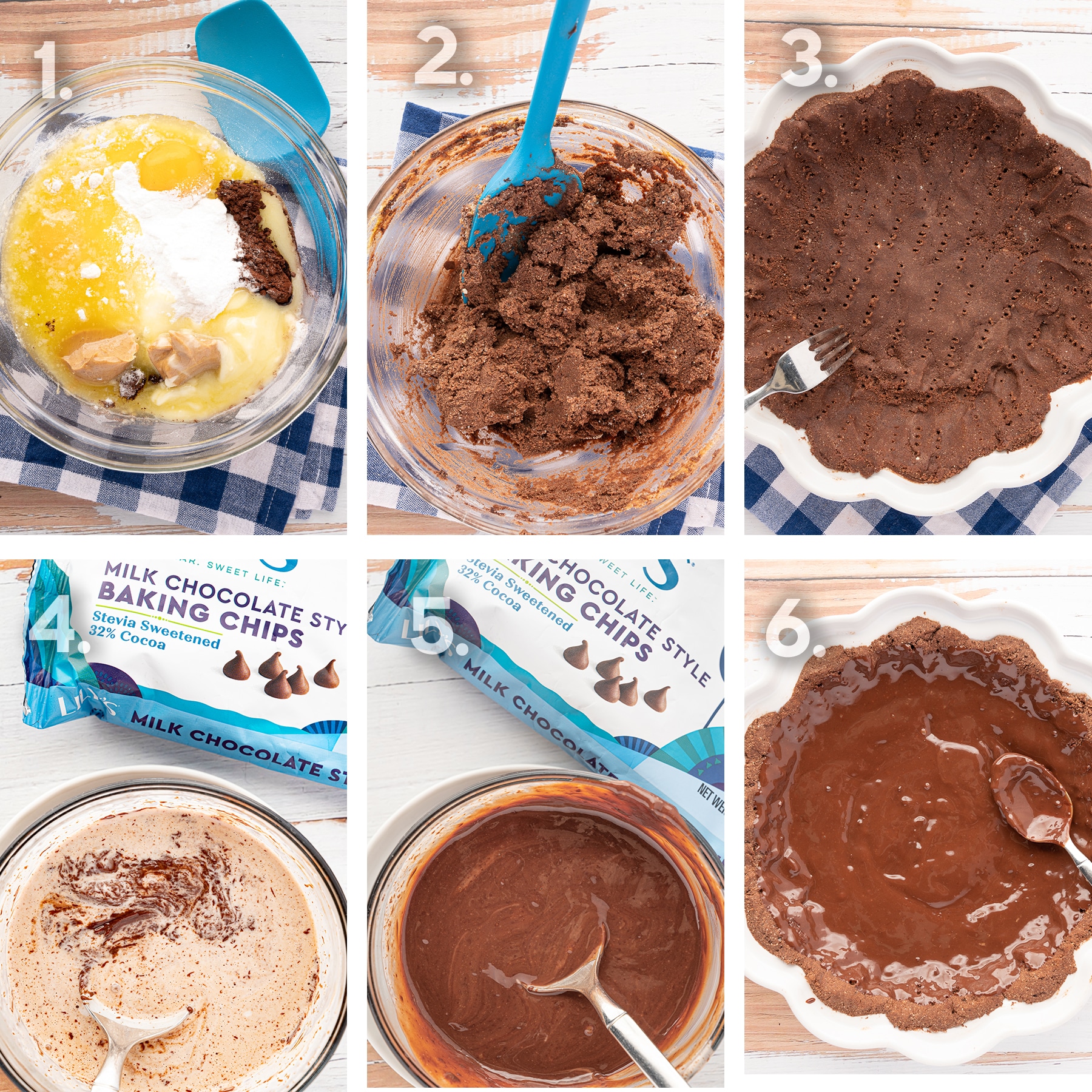 6 step photograph illustrating the steps to make the chocolate fudge crust