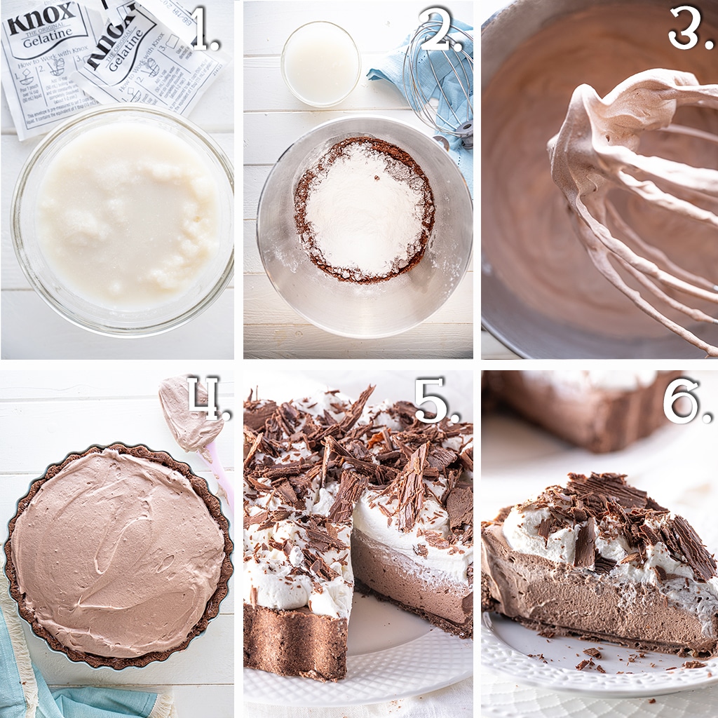 Step by step instruction photos showing how to whip, fill and top a chocolate silk pie.