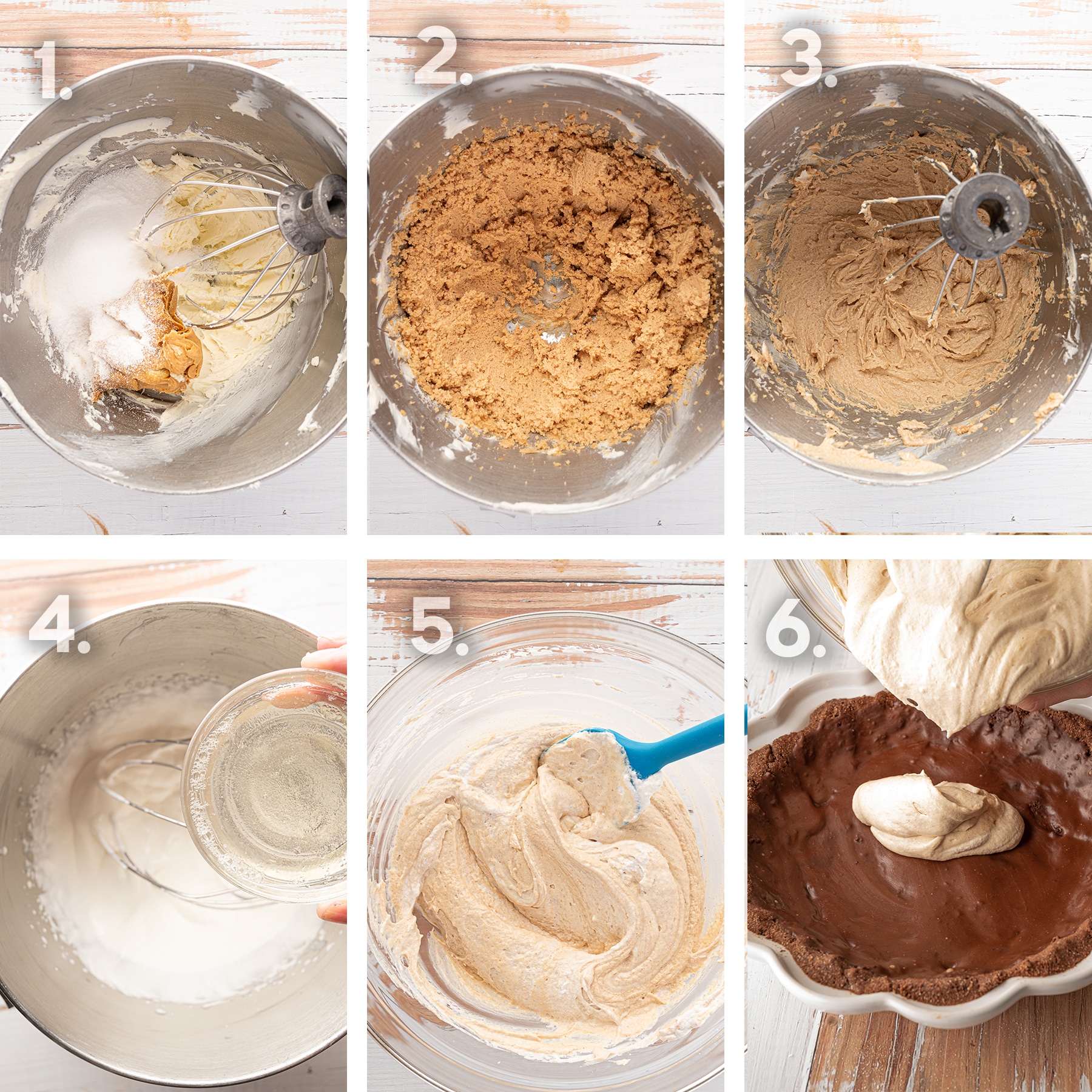 6 step photograph of the peanut butter pie filling from whipping the cream, folding in the peanut butter mixture and pouring into the prepared crust. 