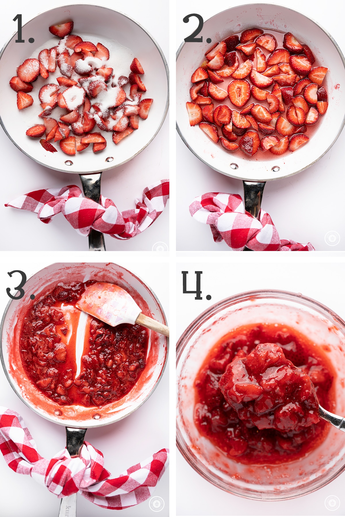 Four panel photo illustrating how the strawberry ripple is made.   Top down shots of strawberries in a bright white pan in stages from raw to cooked