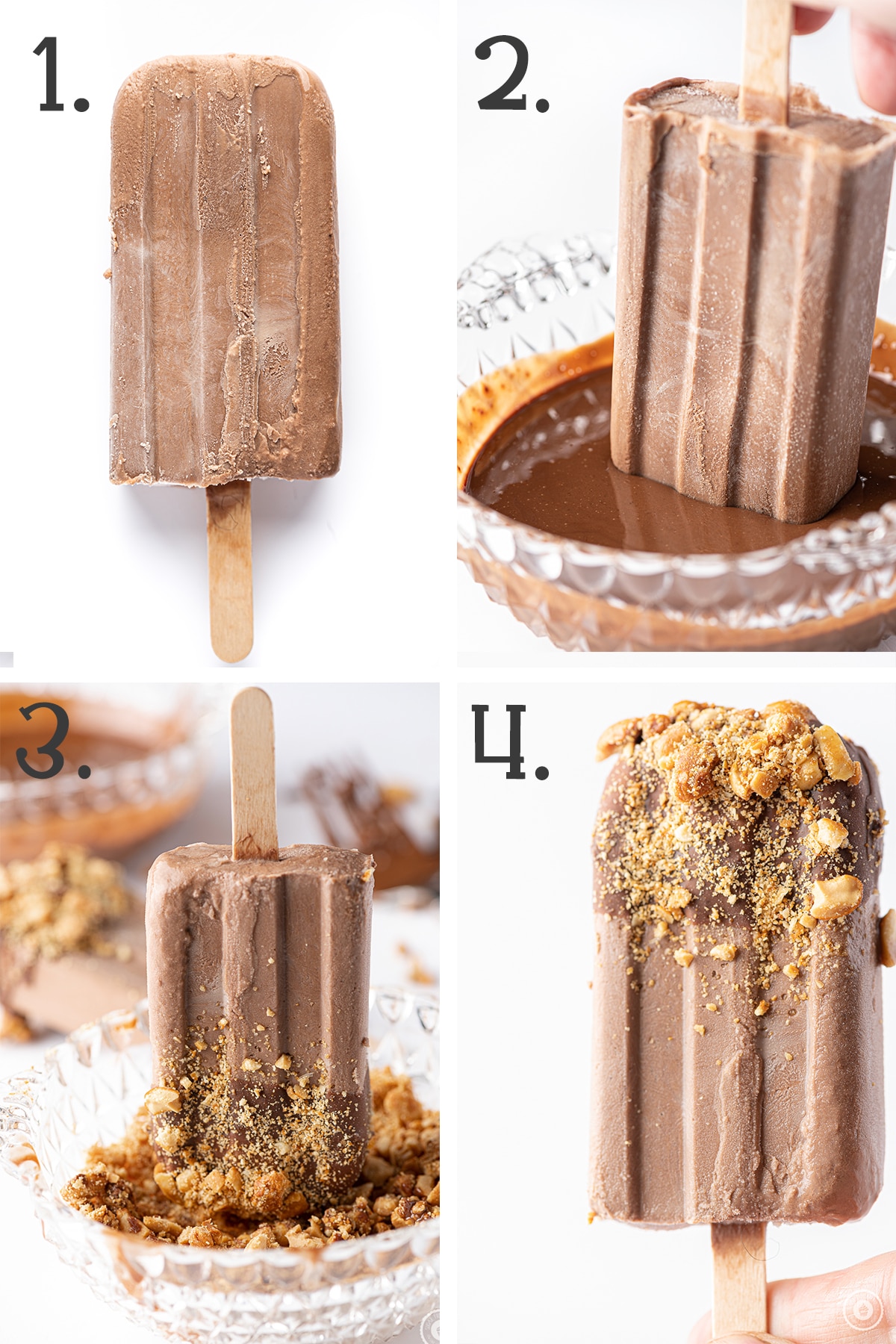 Four panel in process photos showing a frozen fudgescicle being dipped in melted chocolate coating and peanuts. 