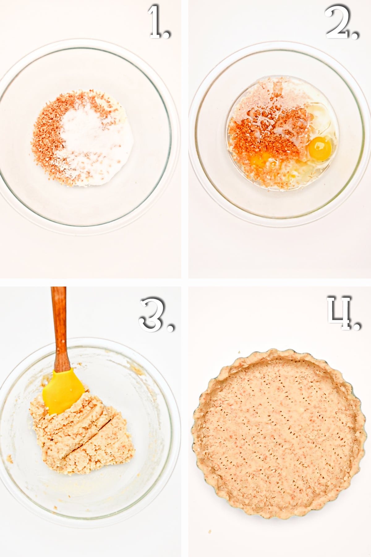 A four panel in process timeline with clear glass bowl on a bright white background showing the steps for making a low carb coconut crust