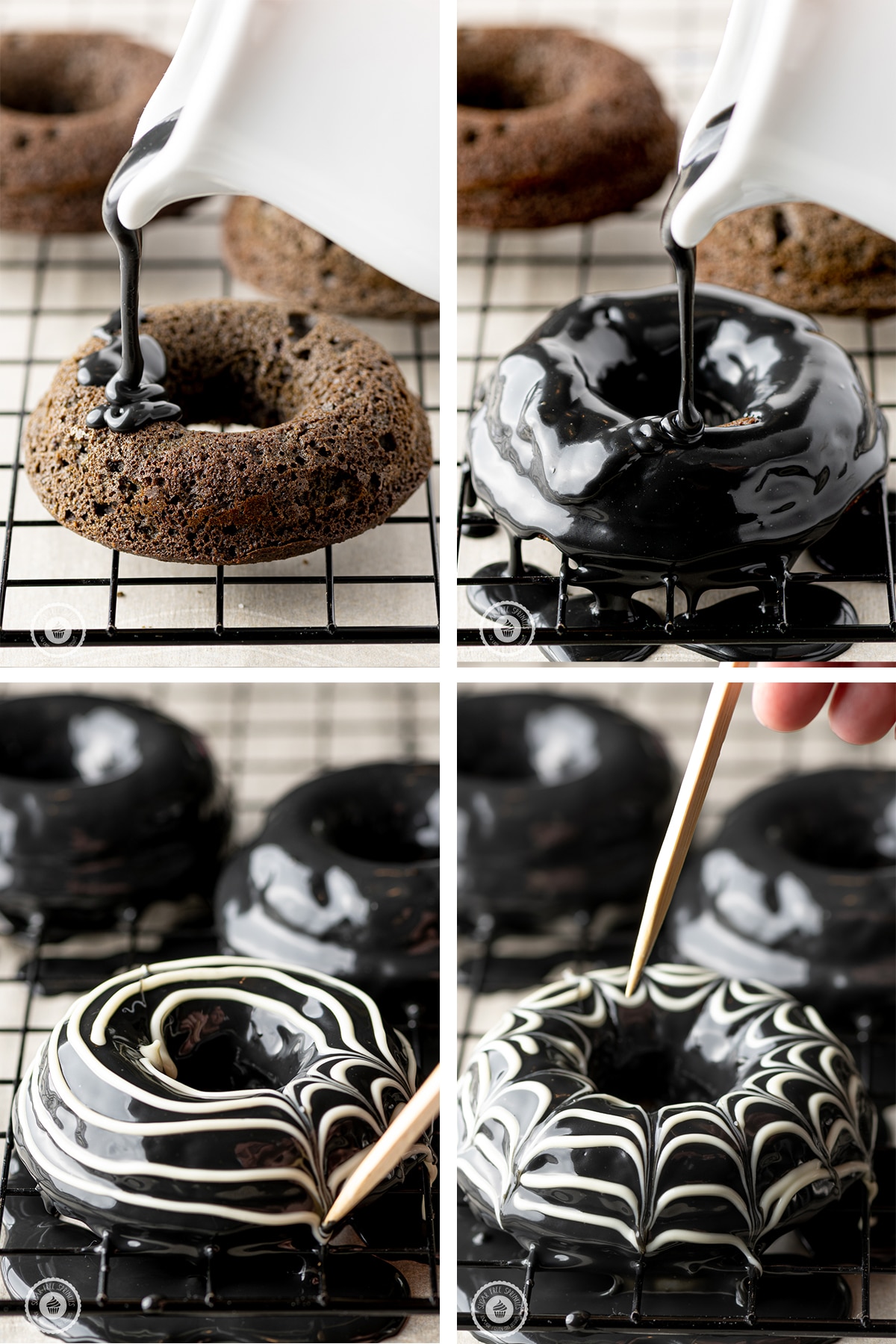 four panel image showing a chocolate donut being coated with black ganache  and white spiral spider web