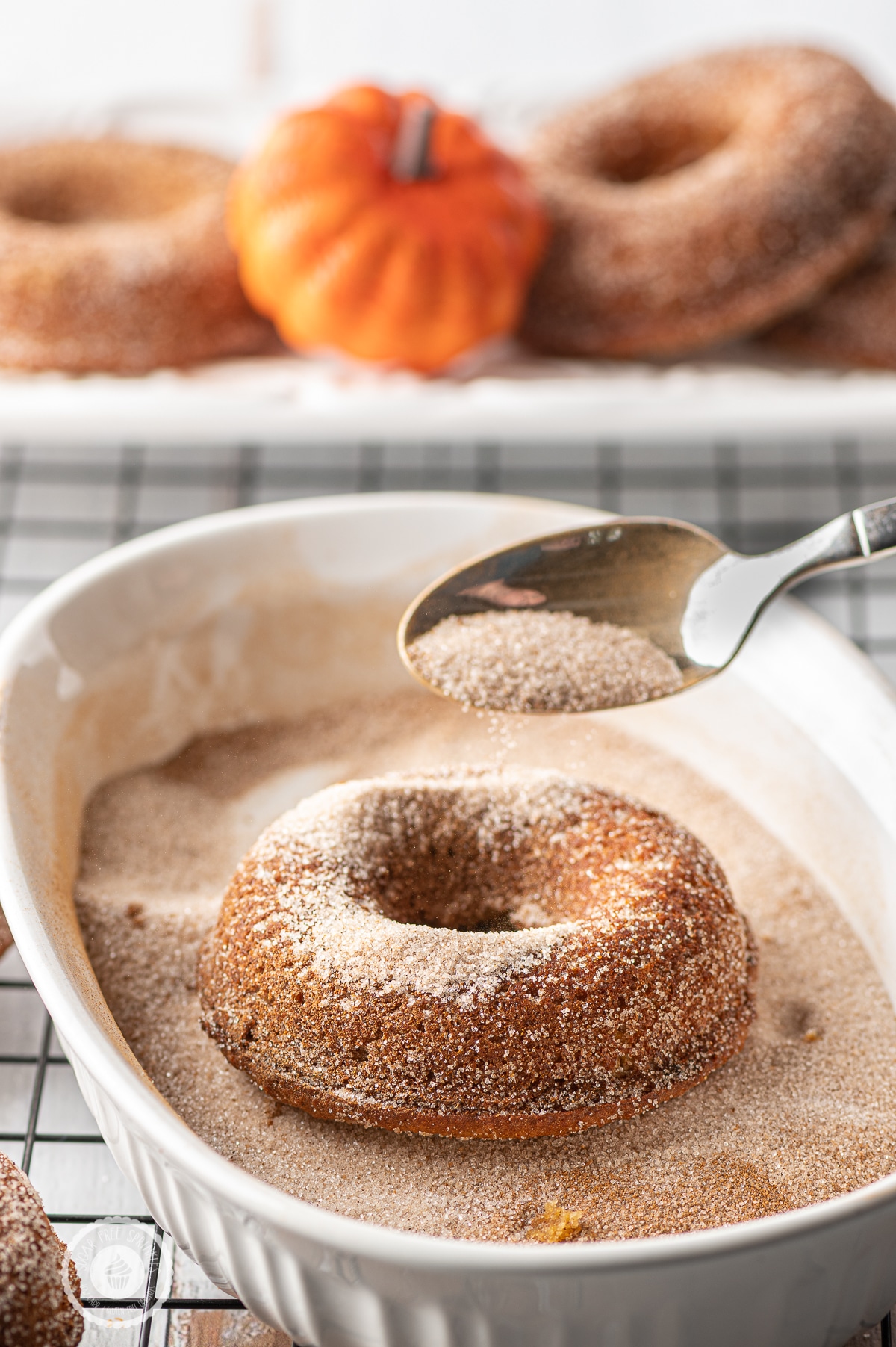 A pumpkin spice donut resting in a small oval bowl with cinnamon and allulose.  A spoon is sprinkling sugar over the top of the donut. 