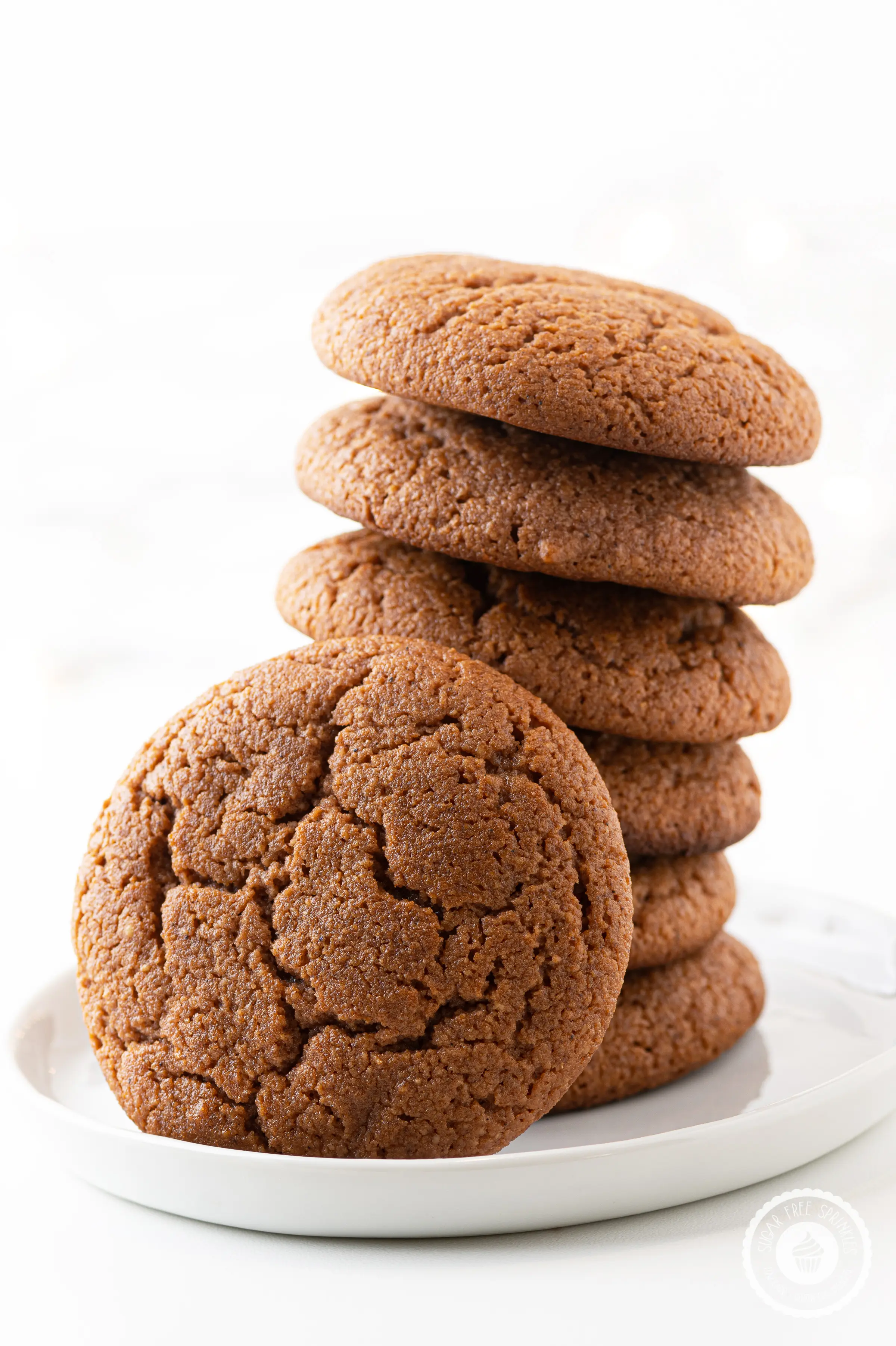 A stack of keto gingerbread cookies on a white plate against a bright white background.