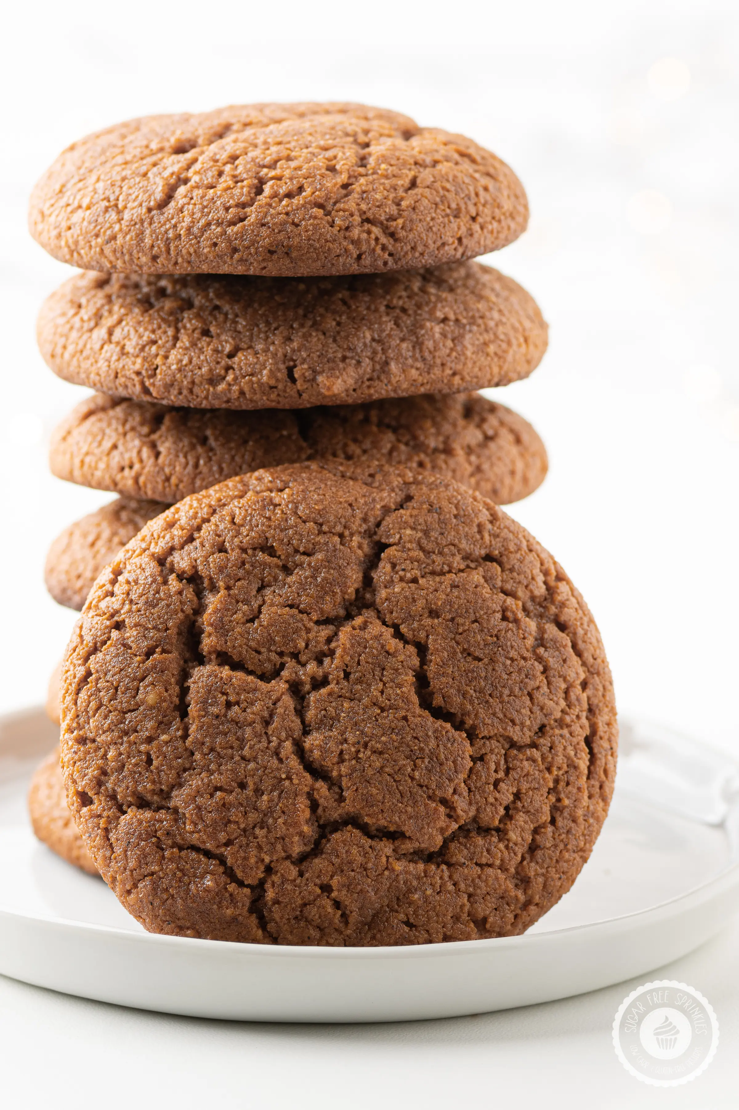 A stack of keto gingerbread cookies on a white plate 