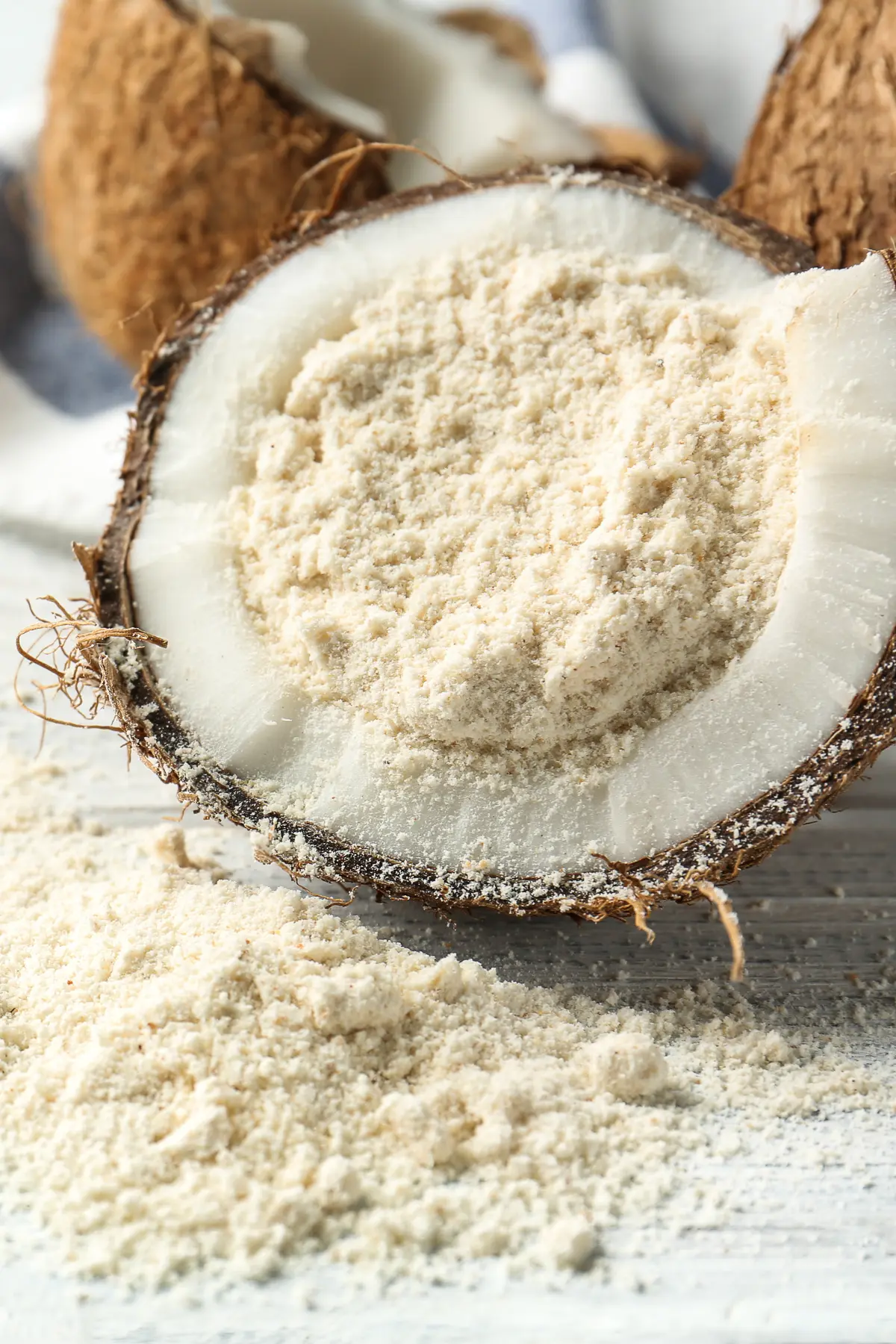 Half of a broken open coconut, filled with coconut flour.