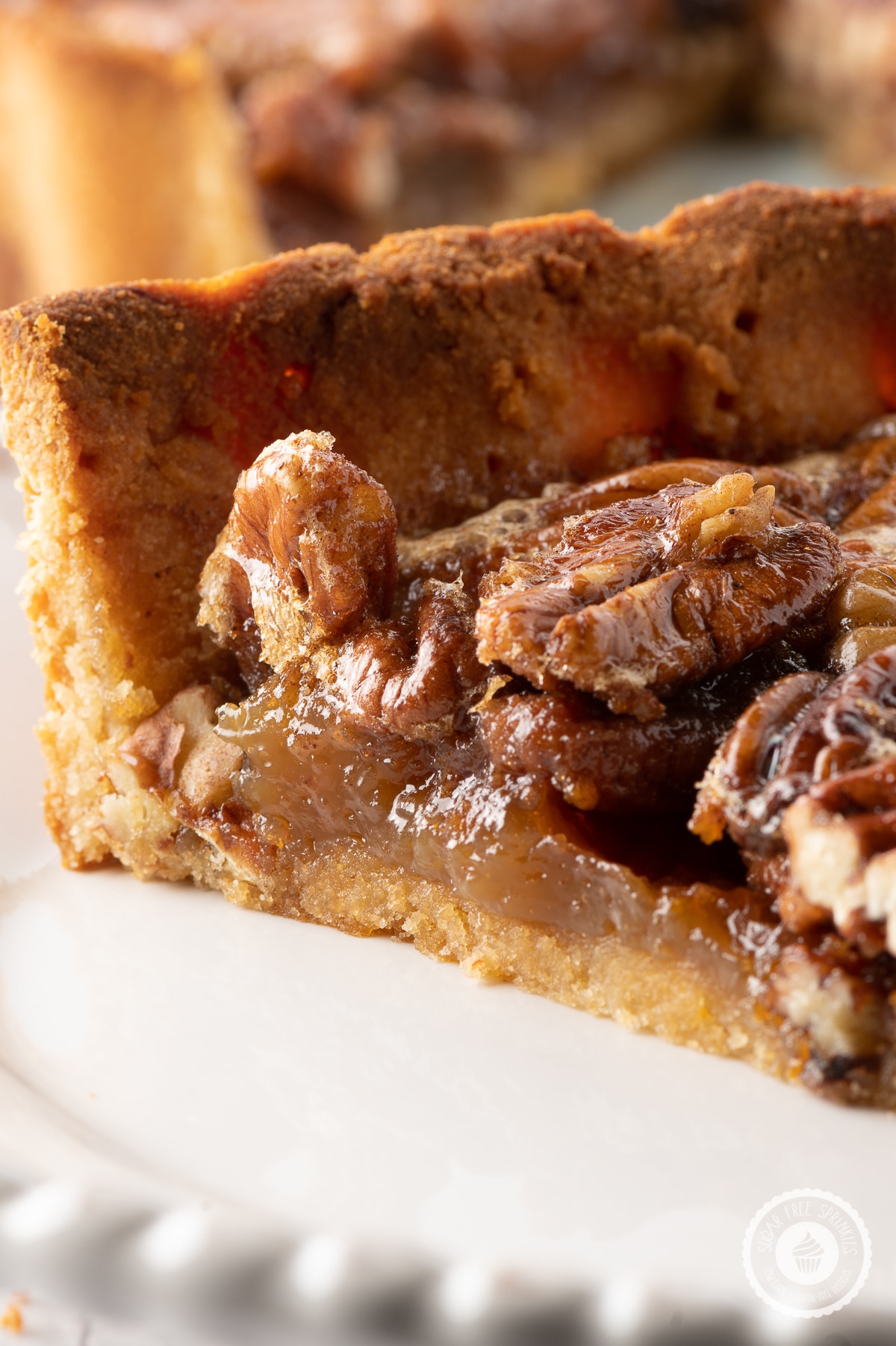 Close up image of a slice of pecan pie with sticky glazed pecans and gooey caramel like filling 
