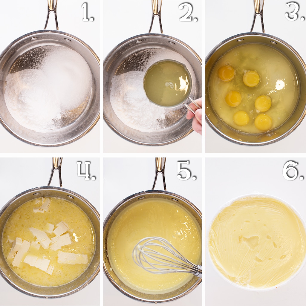A six panel image of ingredients being added to a pan. 