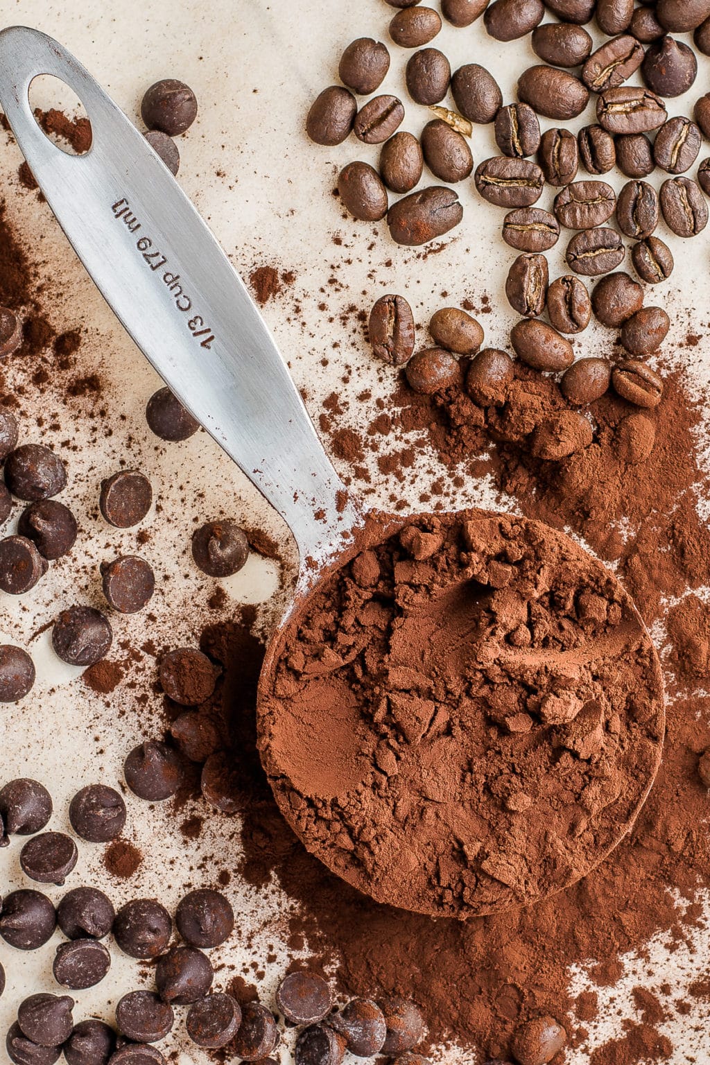 A scoop full of cocoa powder with chocolate chips scattered around it.